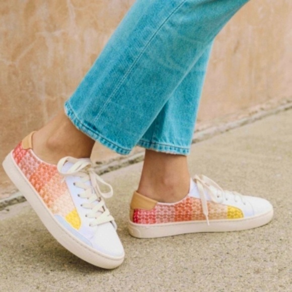 Soludos x Chiaozza Embroidered Ombré Sneaker Womens Size 5 Ivory Pink Yellow - Picture 1 of 10